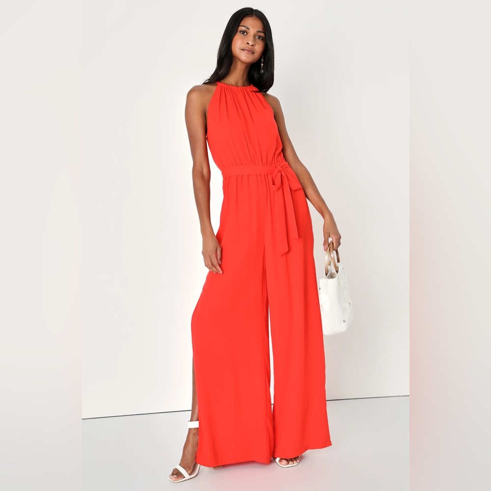 Lulu's Iconic Statement Red Orange Belted Halter Wide Leg Jumpsuit